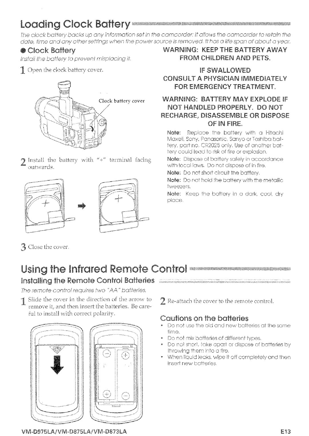 Hitachi VMD875LA instruction manual Loading Ctock Battery, VM,.Dg75LAiVM@875LA/VM-D87LA E13 