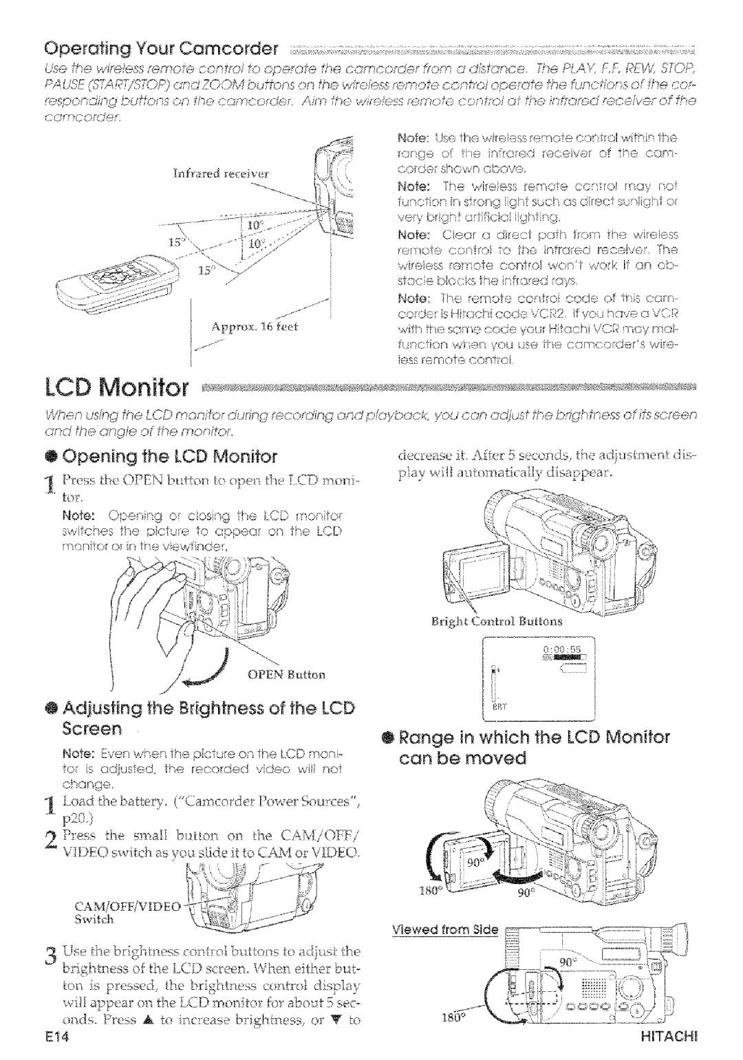 Hitachi VMD875LA @Adiusfing the Brightness of the LCD Screen, Range in which the LCD Monitor can be moved, HtTACH, ToE 