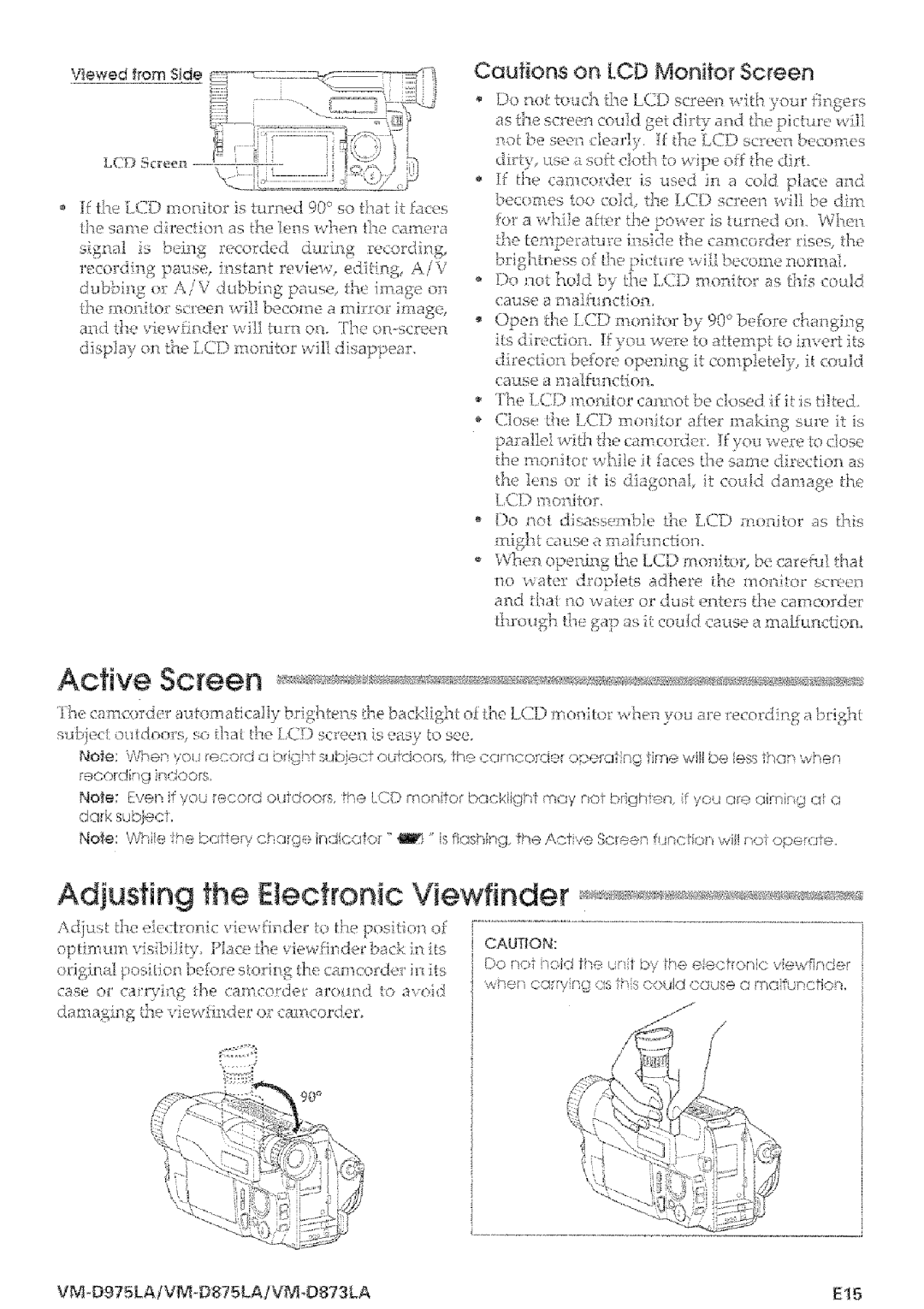 Hitachi VMD875LA instruction manual Active Screen, Ca@ions on LCD Monlor Screen, VM*D975LAtVM-DI75LAIVMO873LA E15 