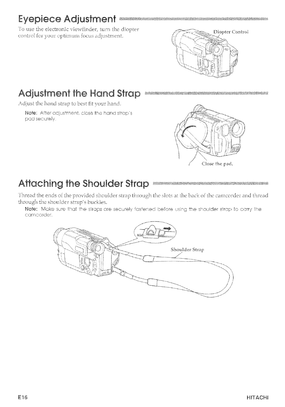 Hitachi VMD875LA instruction manual Eyepiece Adjustment, Adjustment the Hand Strap, Affaching ShouJder Strap 