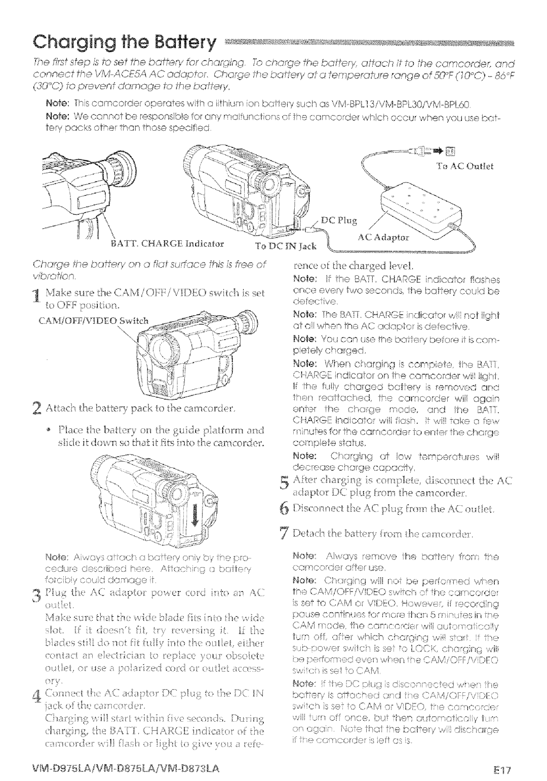 Hitachi VMD875LA instruction manual Charging the Battery, VMO975 LA/VM- D875/.AiVM@873 LA 