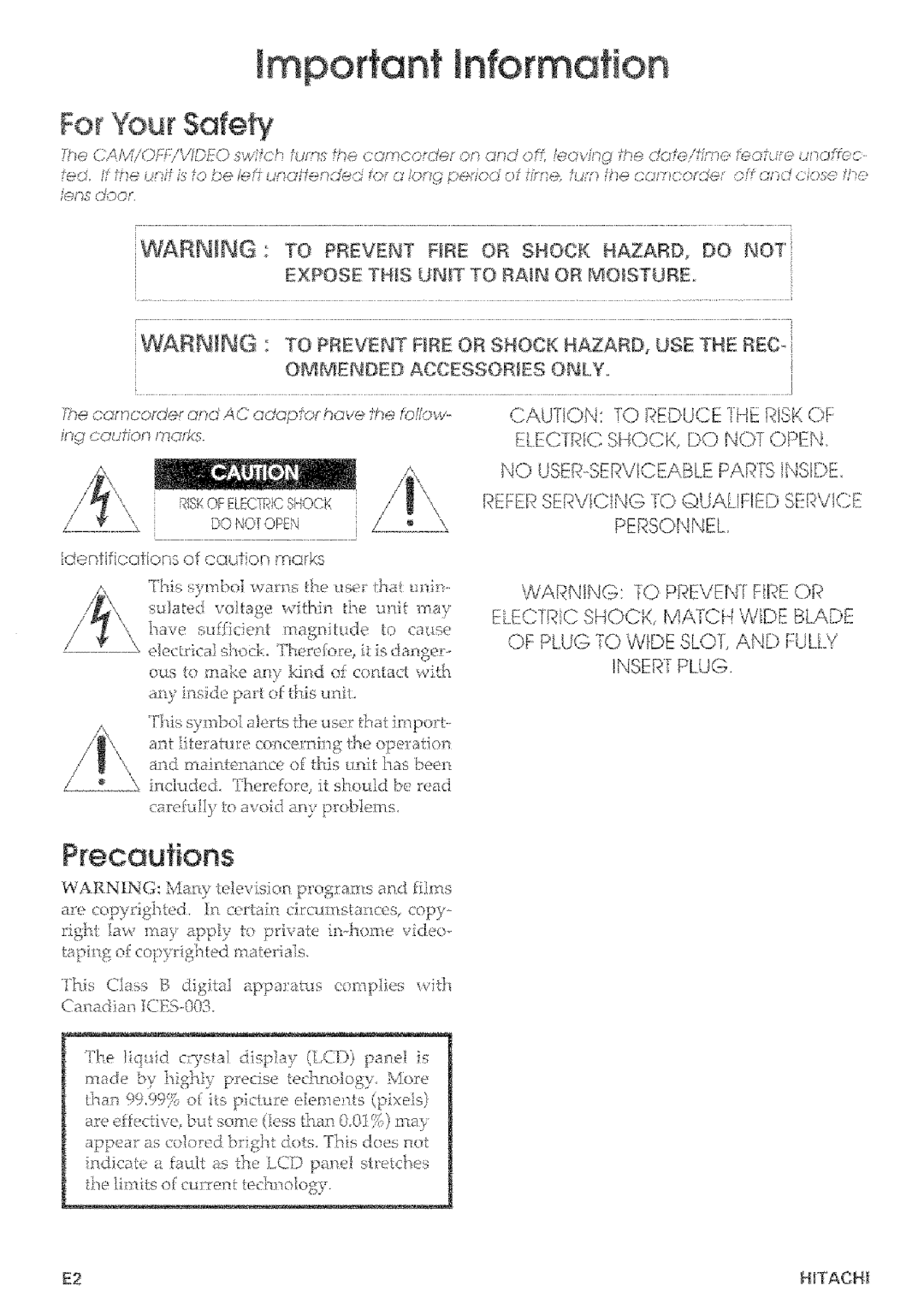 Hitachi VMD875LA instruction manual For Your Safety, His symbol wasns !he use ha unin, Carexily to avoid an 3 problems 