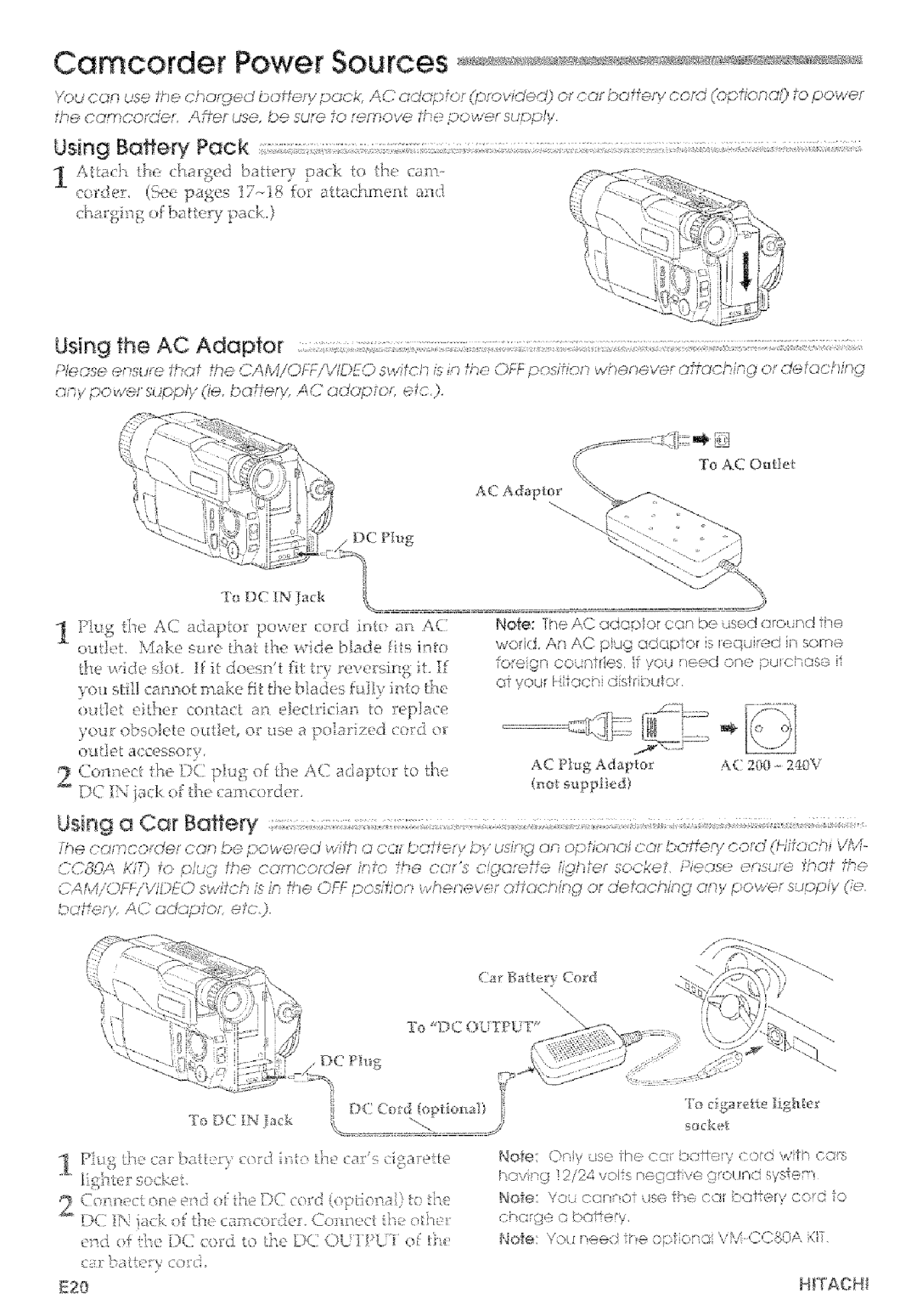 Hitachi VMD875LA instruction manual Camcorder Power Sources, Using the AC Adaptor, To DC in ack, HtTACHf 