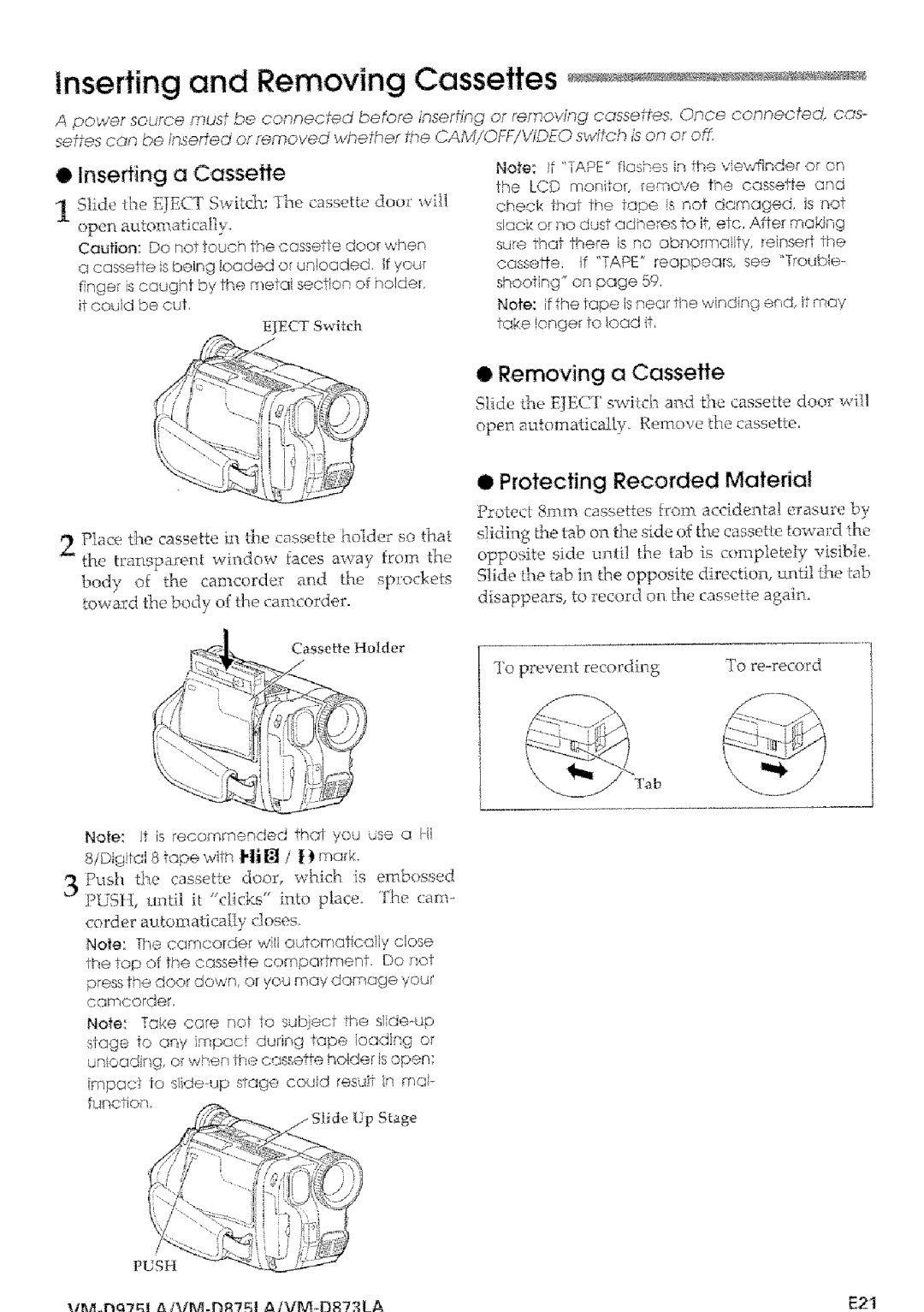 Hitachi VMD875LA Inserting and Removing Cassettes, Inserting a Cassette, Protecting Recorded Material, E21 