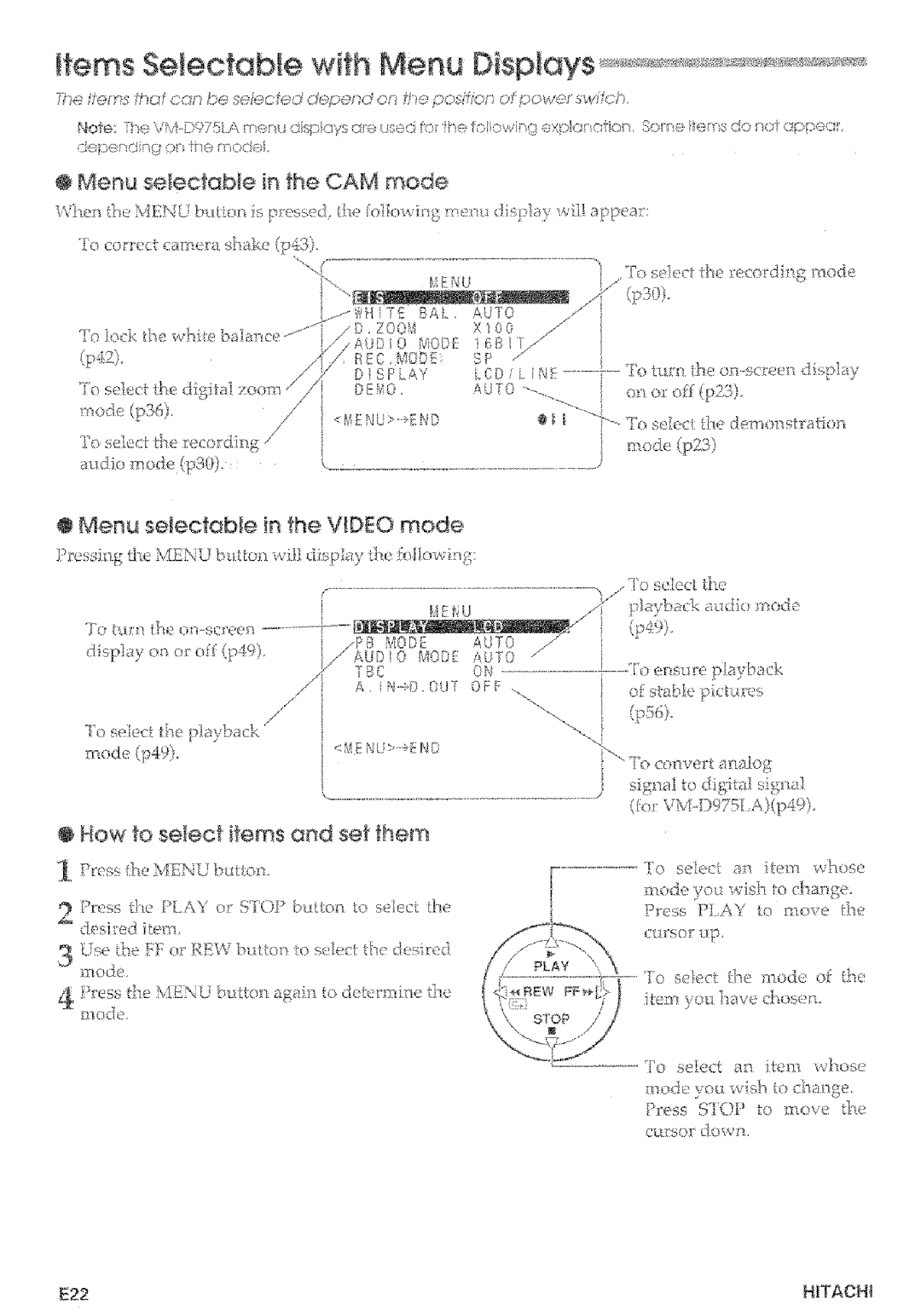 Hitachi VMD875LA instruction manual @ Menu selectabfe in the CAM mode, E22 HITACHt, ITiOde 