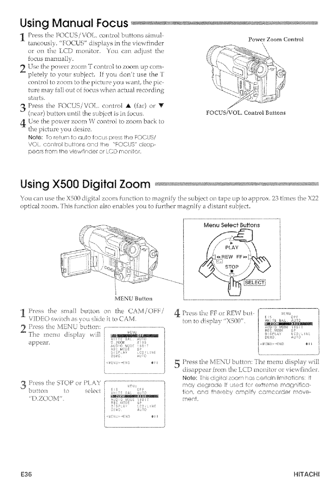 Hitachi VMD875LA instruction manual Using Manual Focus, He LCD monRer. You can adjust Ocu s m anually, Press, E36 