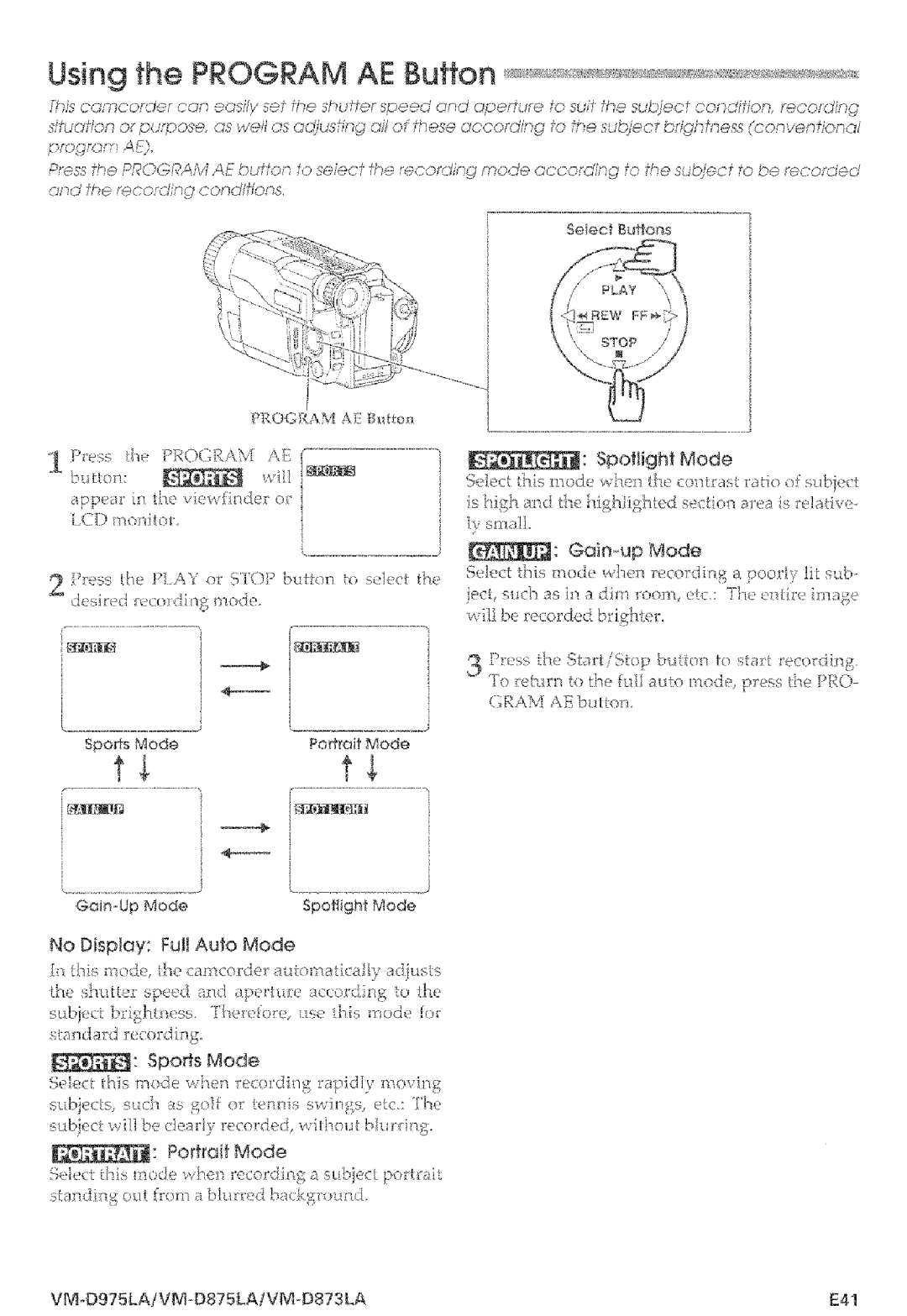 Hitachi VMD875LA instruction manual Using the Program AE Button 