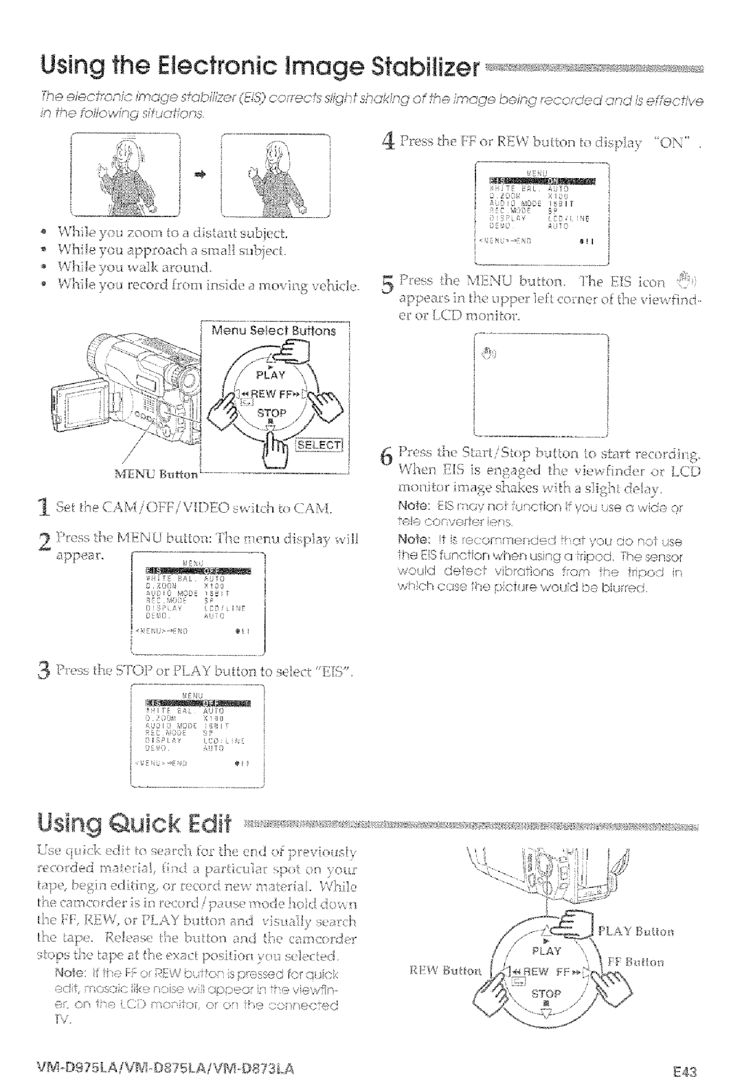 Hitachi VMD875LA instruction manual Using the Electronic image Stabtizer, E43 