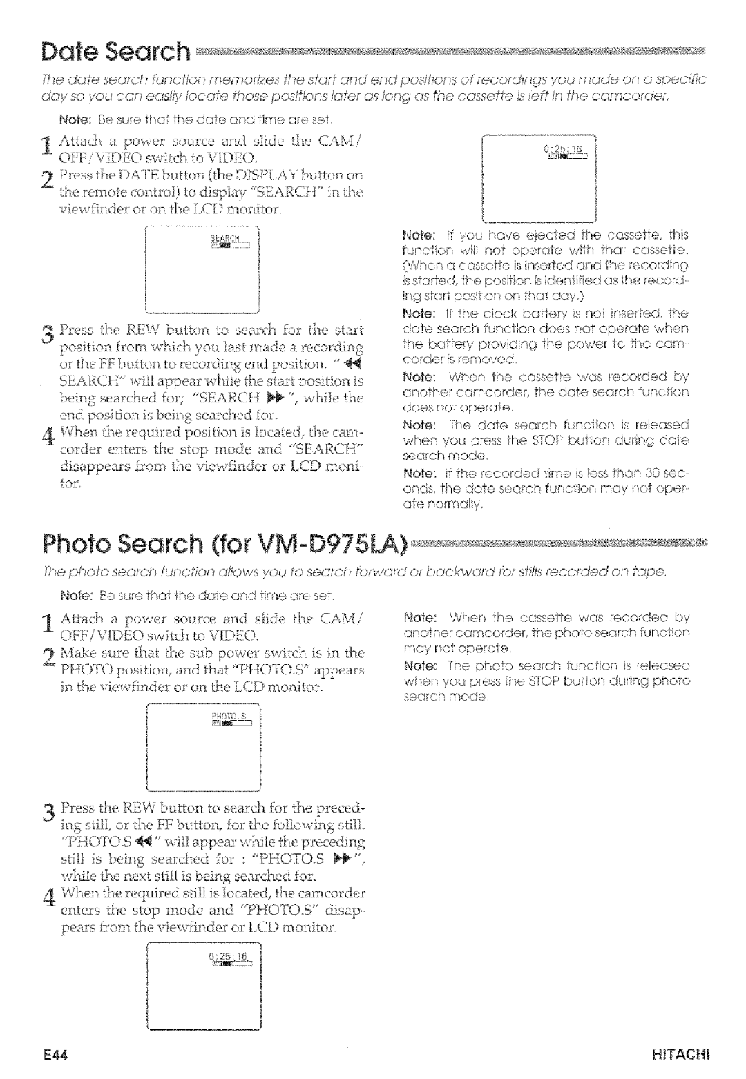 Hitachi VMD875LA instruction manual Date Search, AKach a powr seurc ad slide thu CAM/ CFi VDO switch to VKK, E44, Srdh rede 