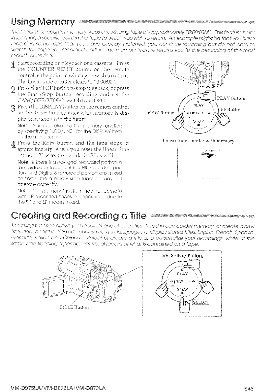 Hitachi VMD875LA instruction manual Using Memory, E45, Ps m dlu sf Gpe o J!,e H8 ecorded pO, Title SeNing Sufos 