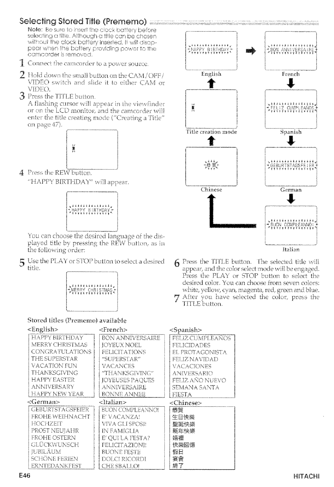 Hitachi VMD875LA instruction manual Selecting Stored Title Prememo, FE CIADt S Chinese, E46, Italia 