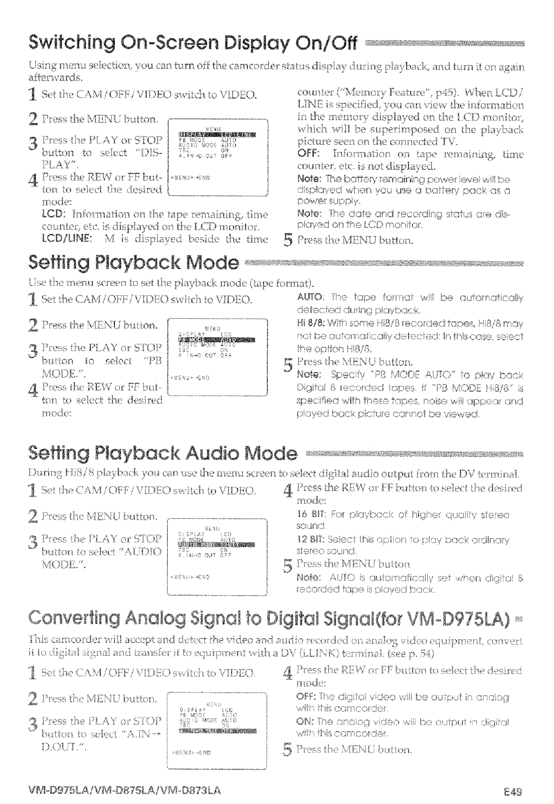 Hitachi VMD875LA instruction manual Switching On-Screen Display OnlOff, Setting Playback Mode, Seffing Playback Audio Mode 