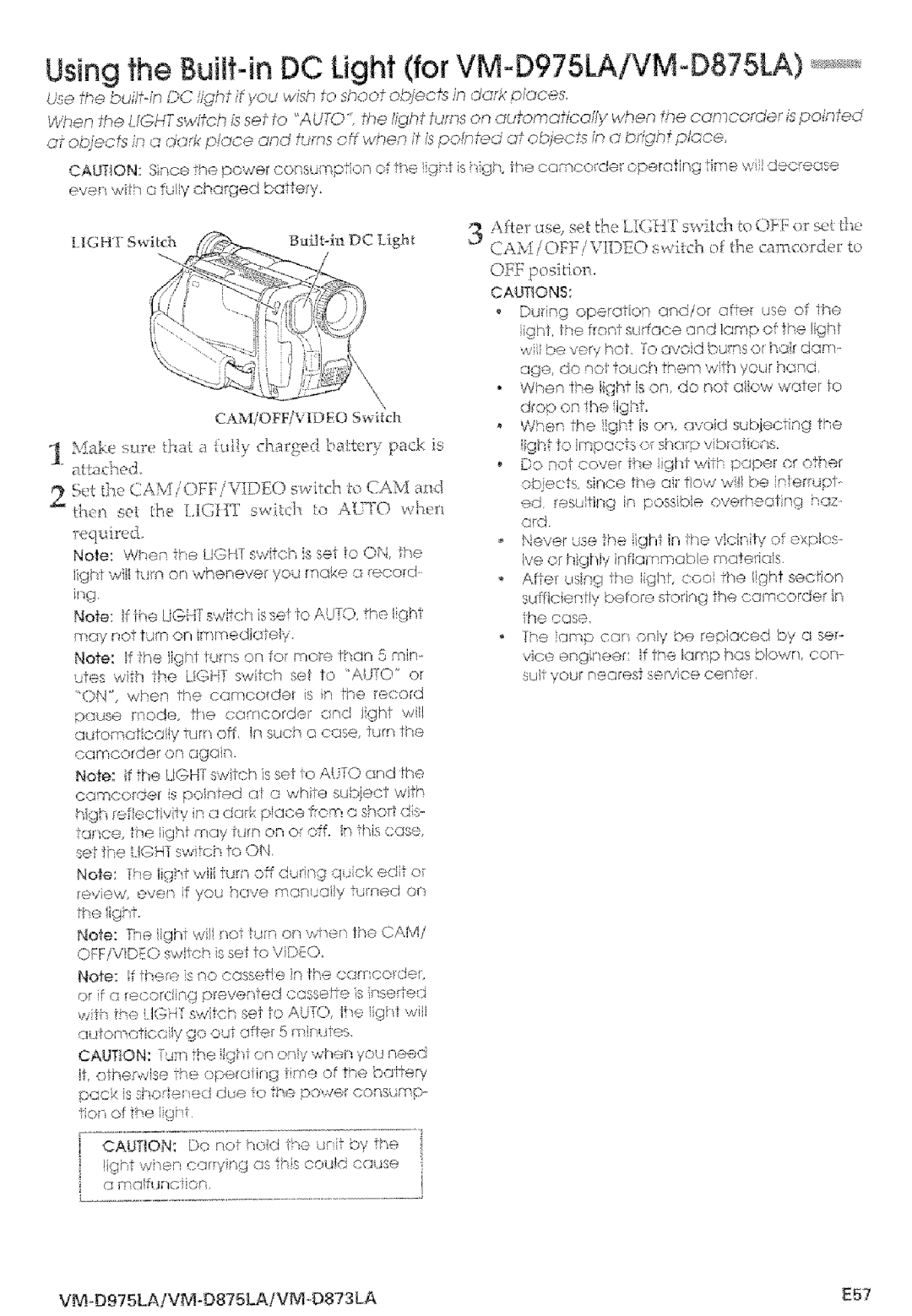 Hitachi VMD875LA Using the Built-in DC Light for VM-D975LA/VM-D875LA, VM-D975LAiVM-D875LAtV-D873LA E57, Cossu/To, Caut!Ons 