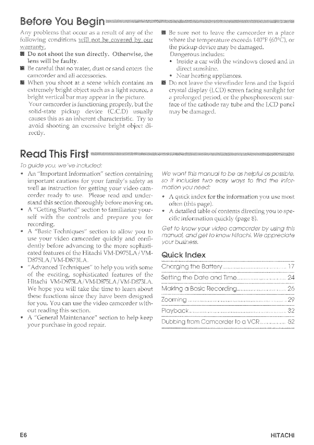 Hitachi VMD875LA instruction manual Before You, Read This Fksf, Index, Riser- Ru e erat ,e e,ceeds !?F 6OC 