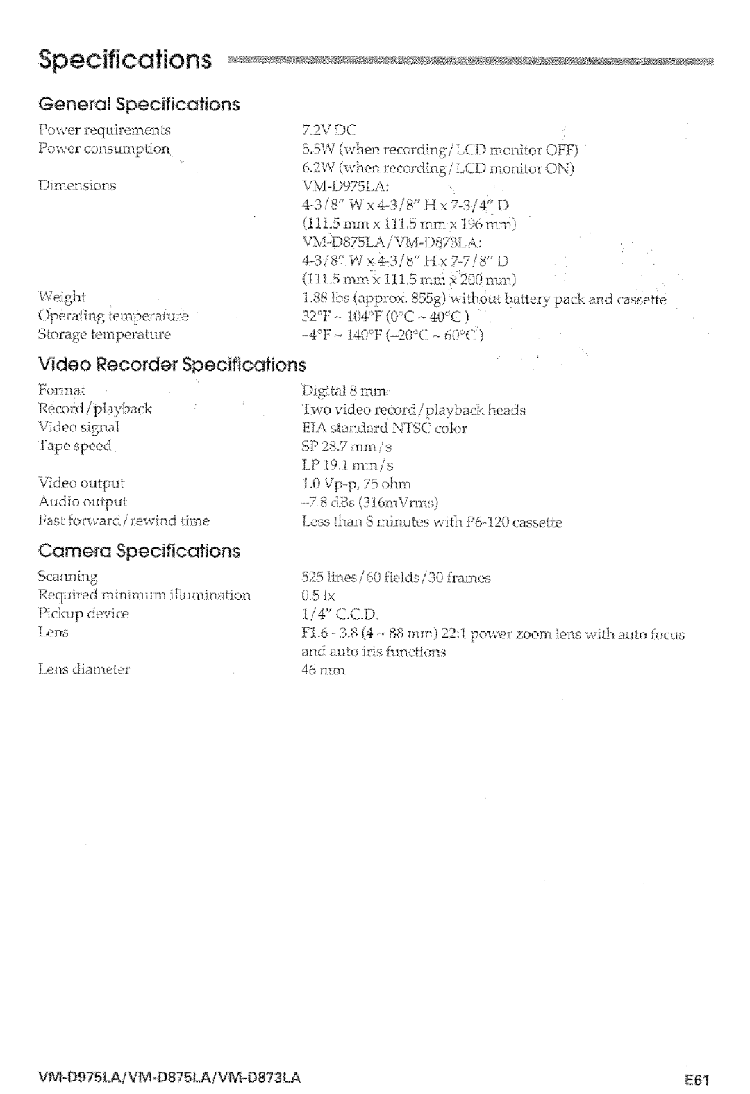 Hitachi VMD875LA instruction manual General Specifications, Video Recorder Specifications, Camera Specificafions 