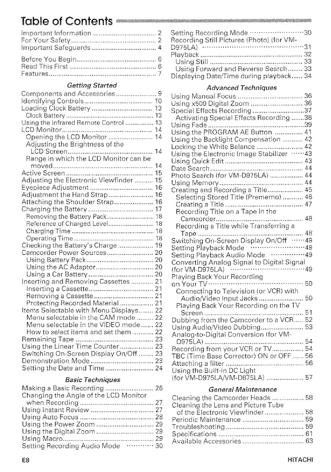 Hitachi VMD875LA instruction manual Features, ImportantInformation 