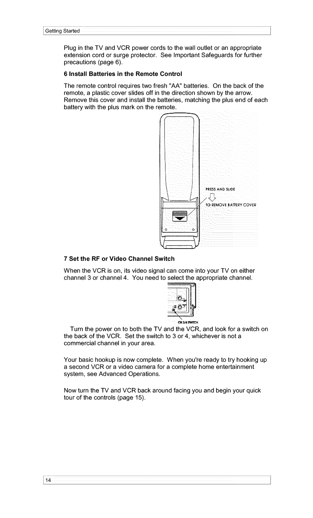 Hitachi VT-F382A owner manual Install Batteries in the Remote Control, Set the RF or Video Channel Switch 