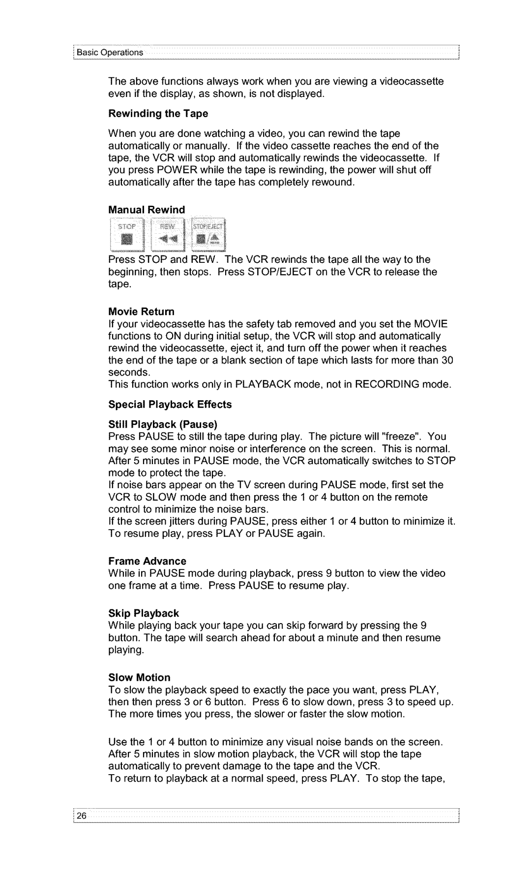 Hitachi VT-F382A owner manual Rewinding the Tape, Manual Rewind, Movie Return, Special Playback Effects, Slow Motion 