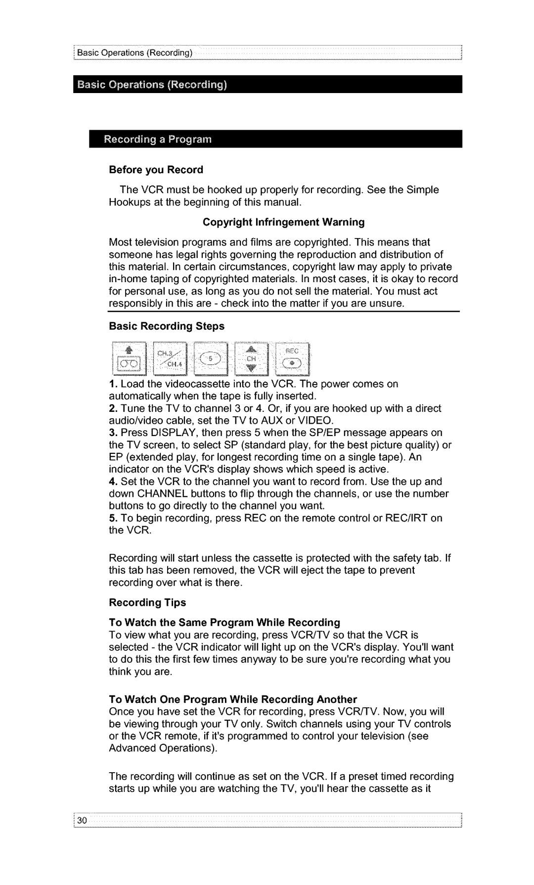 Hitachi VT-F382A owner manual Before you Record, Copyright Infringement Warning, Basic Recording Steps 