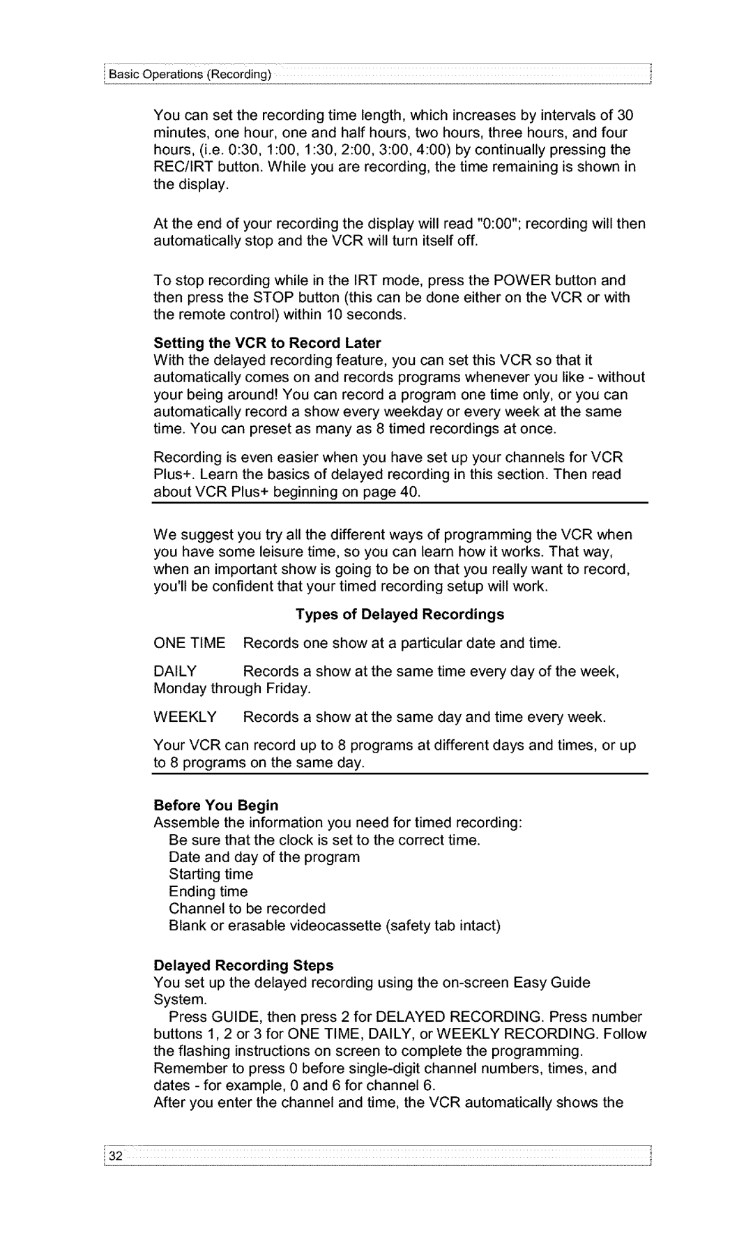 Hitachi VT-F382A owner manual Setting the VCR to Record Later, Types of Delayed Recordings, Daily, Before You Begin 