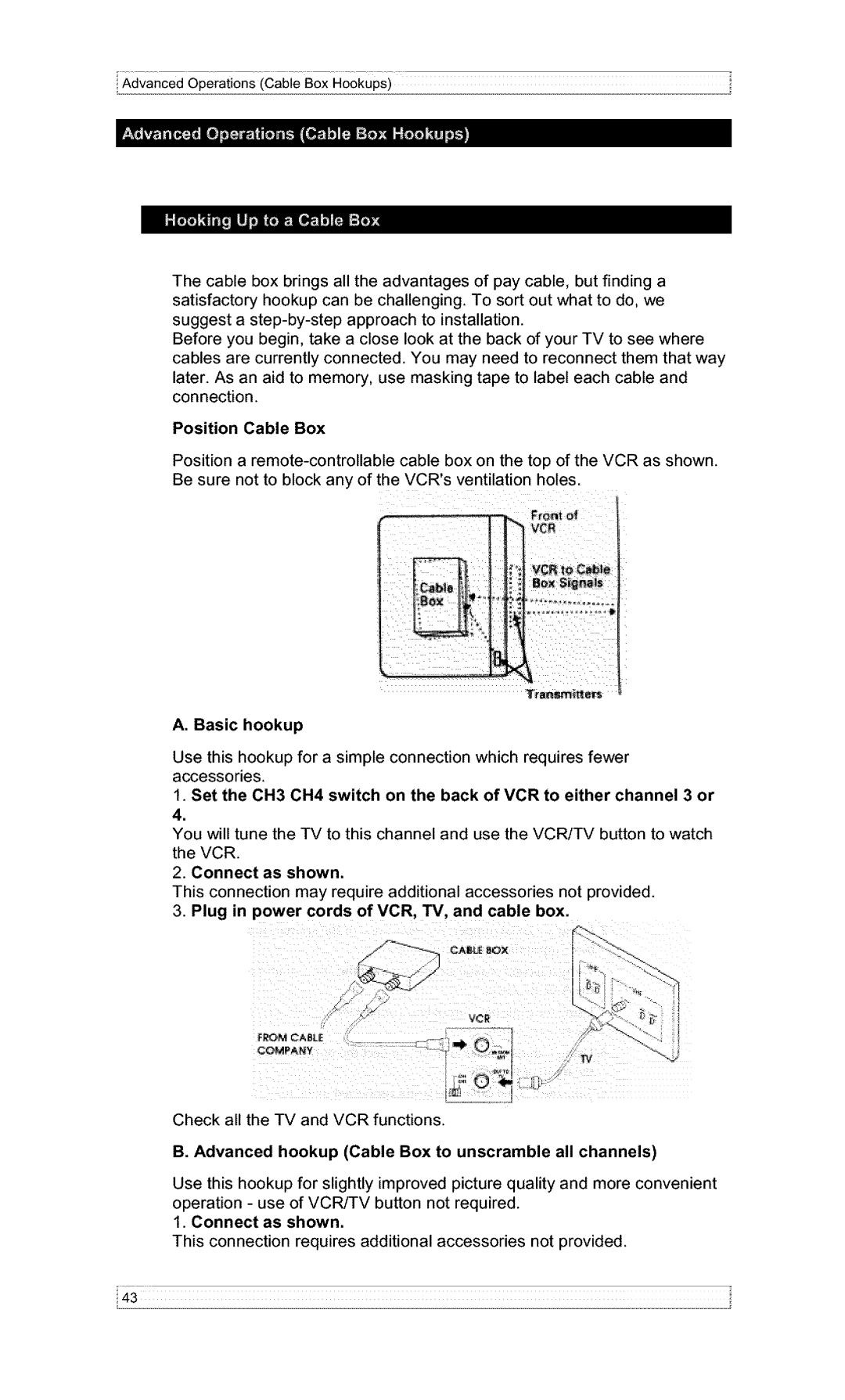 Hitachi VT-F382A owner manual Position Cable Box, Basic hookup, Advanced hookup Cable Box to unscramble all channels 