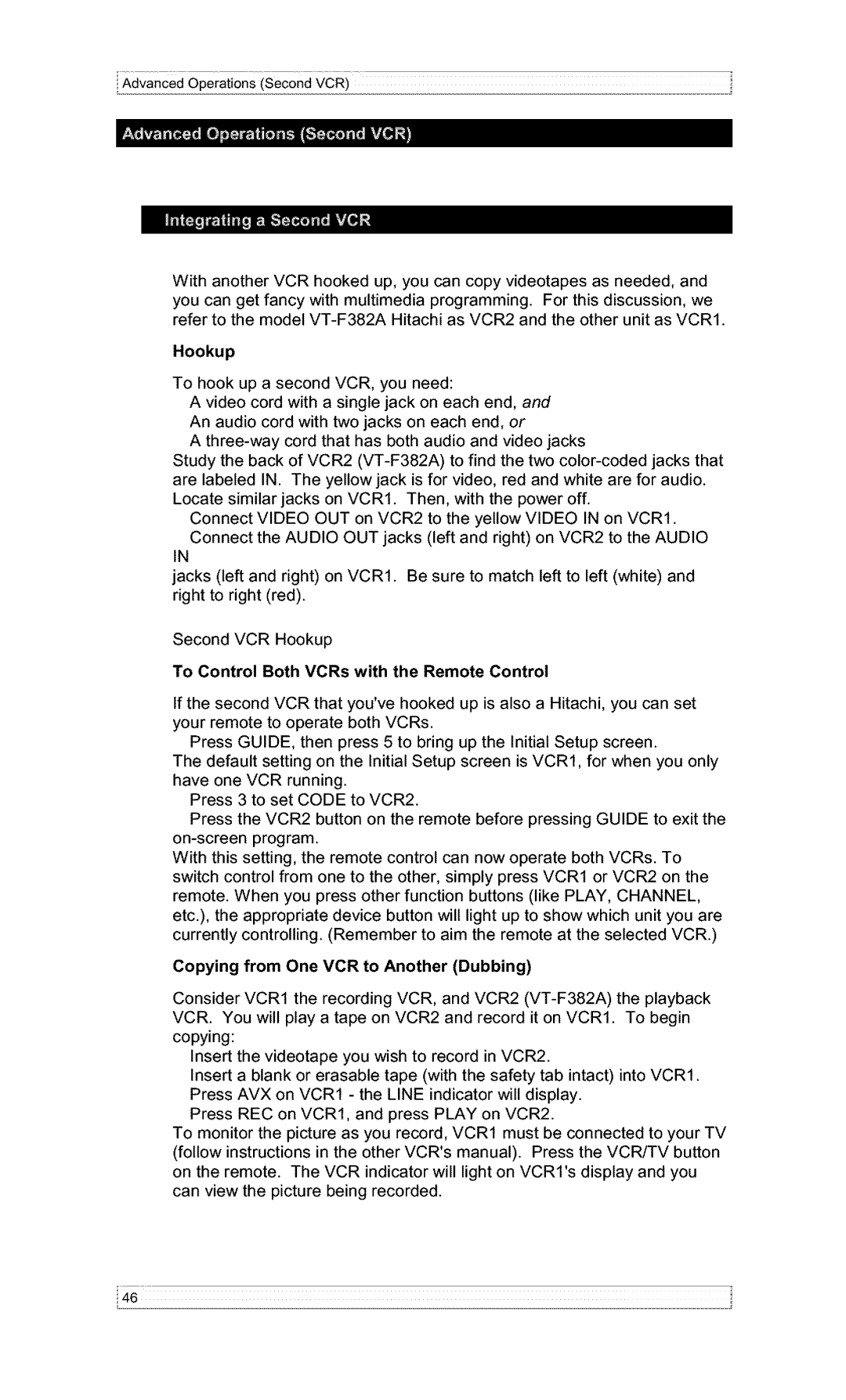 Hitachi VT-F382A owner manual To Control Both VCRs with the Remote Control, Copying from One VCR to Another Dubbing 