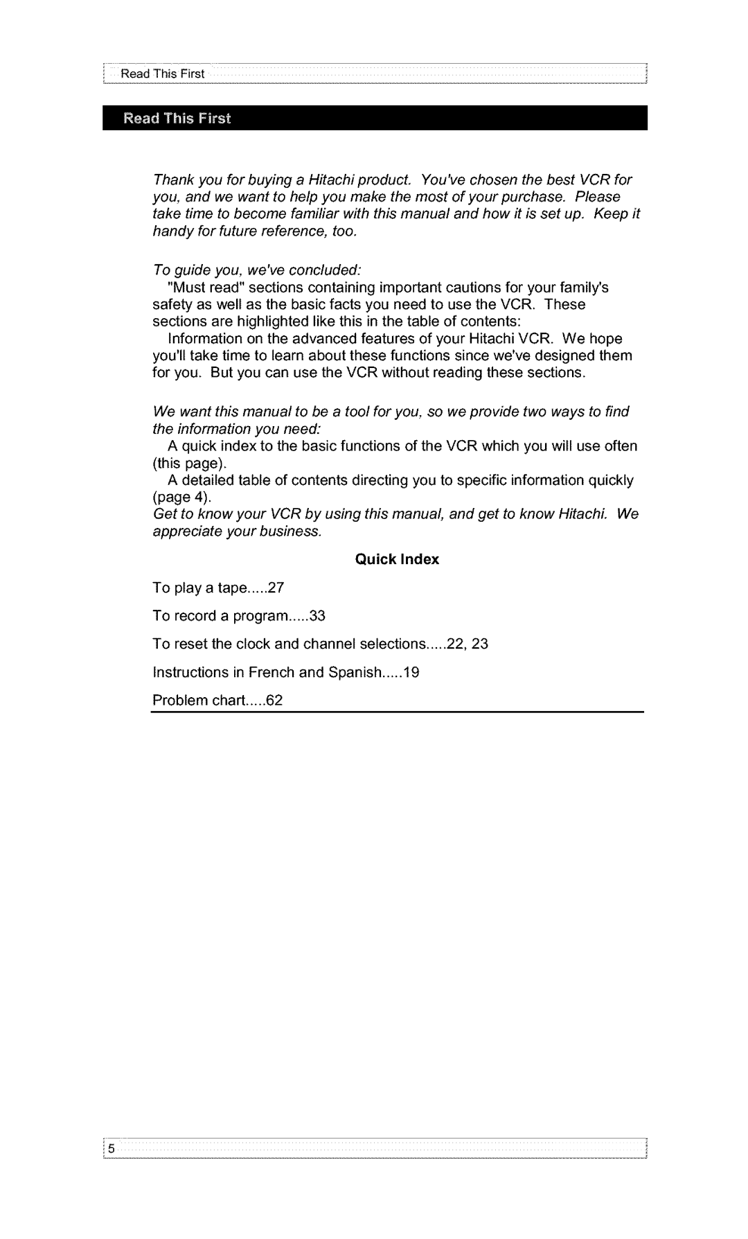 Hitachi VT-F382A owner manual Quick Index 