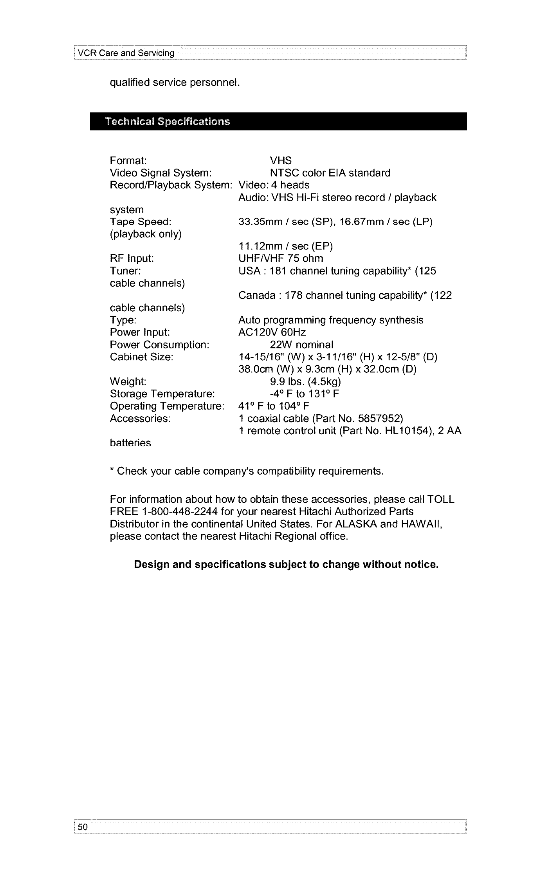 Hitachi VT-F382A owner manual Vhs, Design and specifications subject to change without notice 