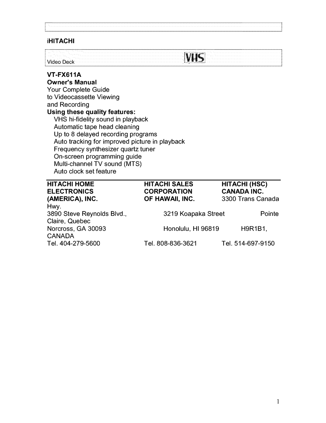 Hitachi VT-FX611A owner manual Ihitachi, Trans Canada, Tel 