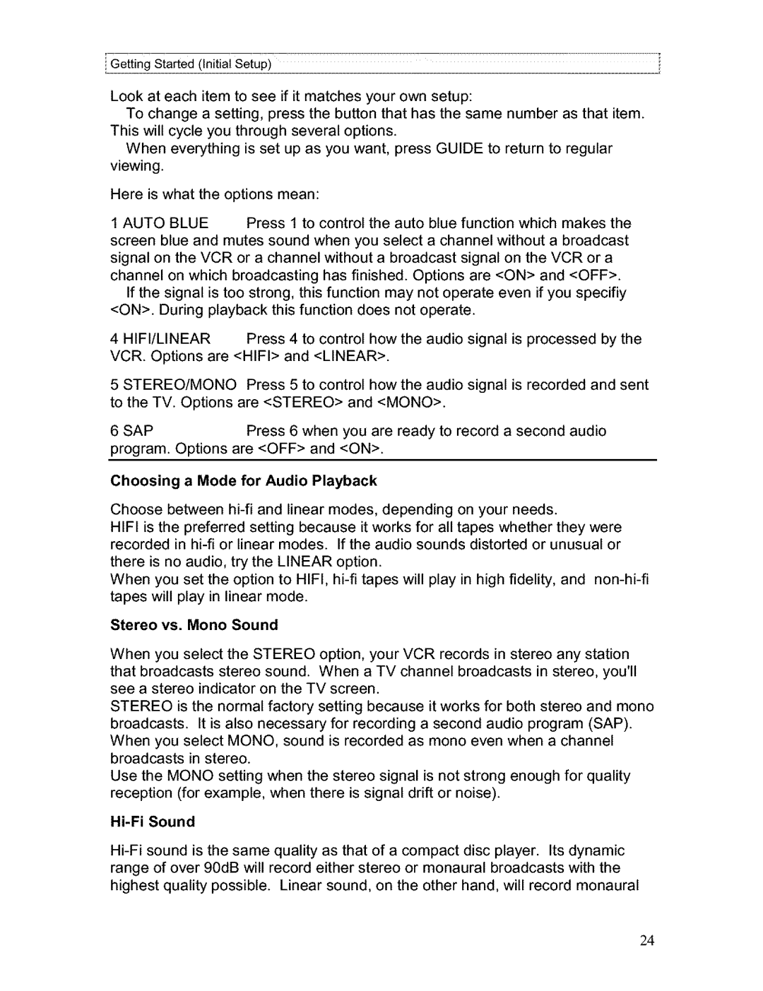 Hitachi VT-FX611A owner manual Hifi/Linear, Sap, Choosing a Mode for Audio Playback, Stereo vs. Mono Sound, Hi-Fi Sound 