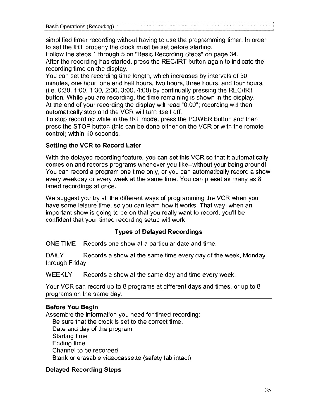 Hitachi VT-FX611A owner manual Setting the VCR to Record Later, Types of Delayed Recordings, Daily, Before You Begin 