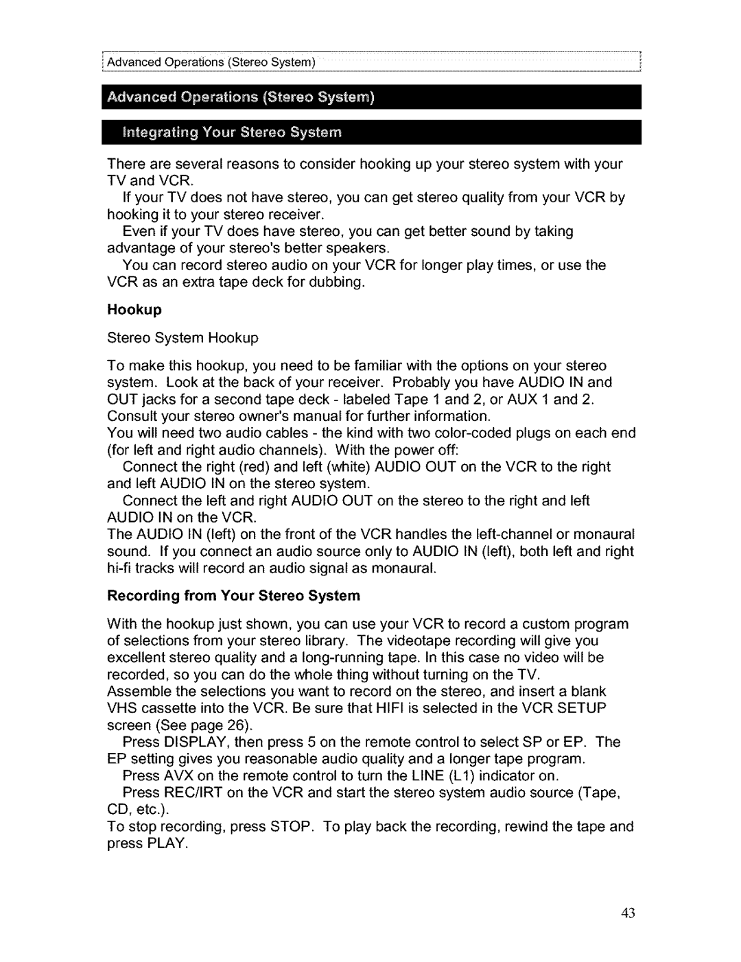 Hitachi VT-FX611A owner manual Hookup, Recording from Your Stereo System 