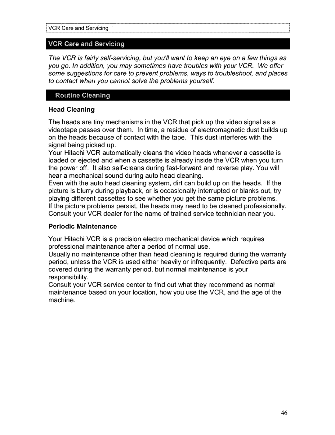 Hitachi VT-FX611A owner manual Head Cleaning, Periodic Maintenance 