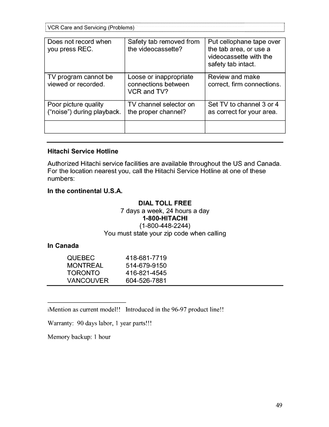 Hitachi VT-FX611A owner manual Rec, Hitachi Service Hotline, Continental U.S.A, Days a week, 24 hours a day 