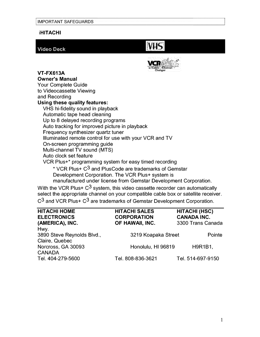 Hitachi VT-FX613A owner manual Trans Canada, Tel 