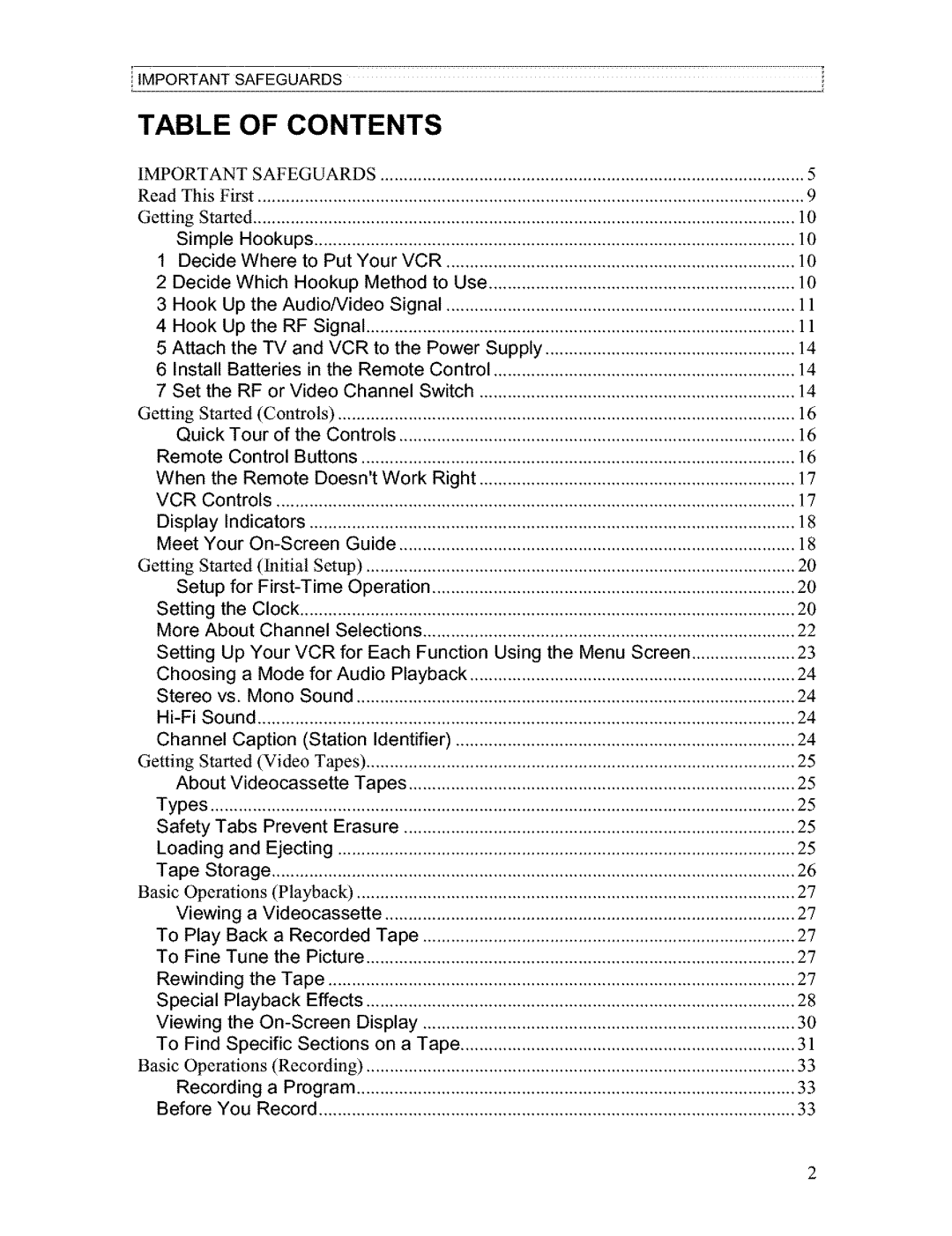 Hitachi VT-FX613A owner manual Table of Contents 