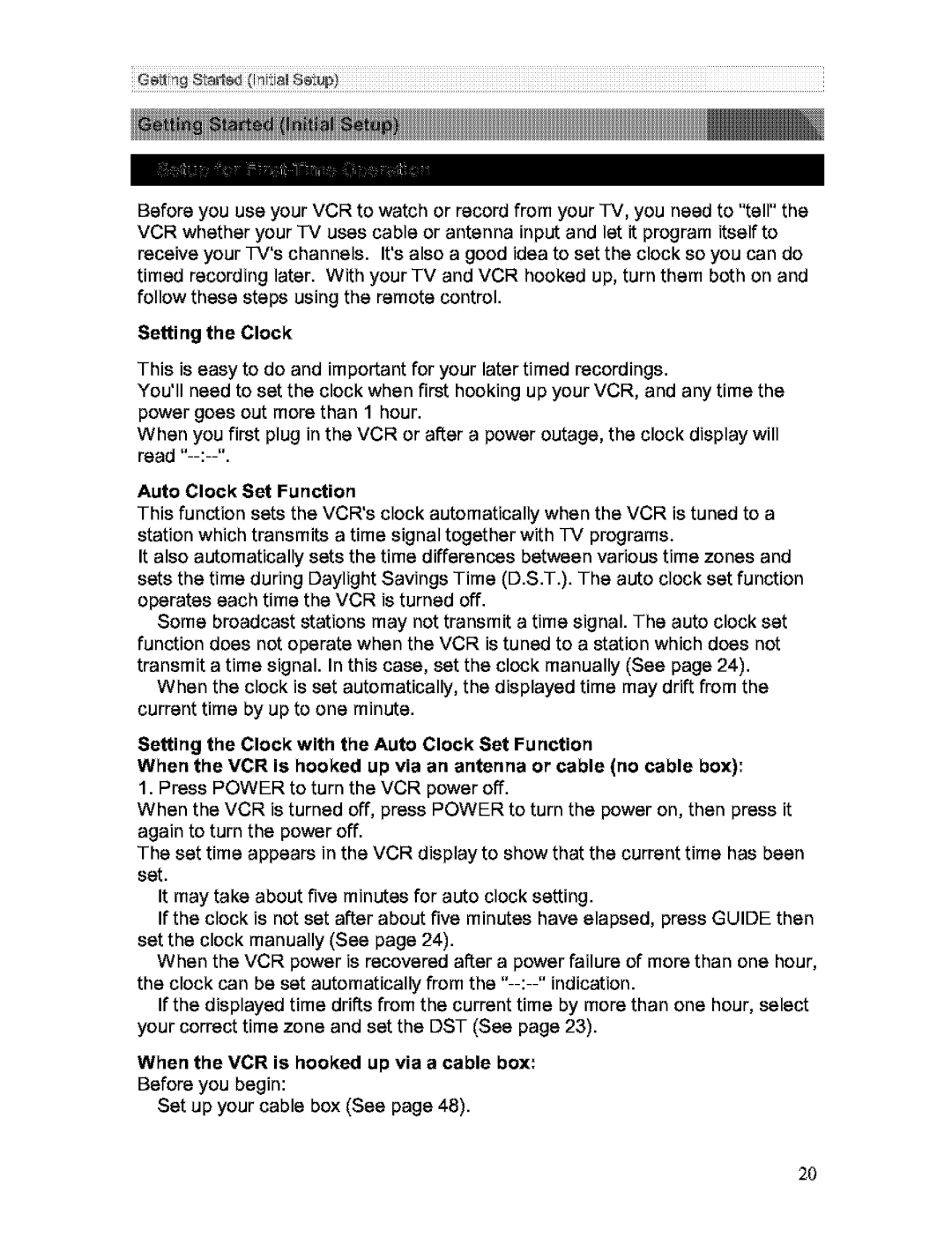 Hitachi VT-FX613A owner manual Setting the Clock, When the VCR is hooked up via a cable box 