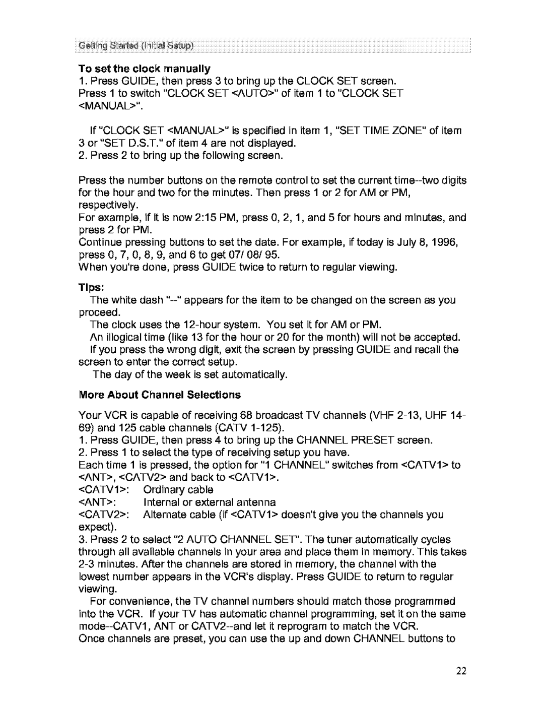 Hitachi VT-FX613A owner manual To set the clock manually, Tips, More About Channel Selections 