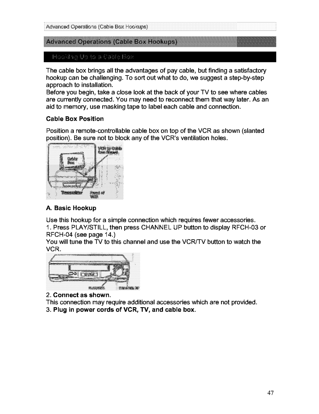 Hitachi VT-FX613A Cable Box Position, Basic Hookup, Connect as shown, Plug in power cords of VCR, TV, and cable box 