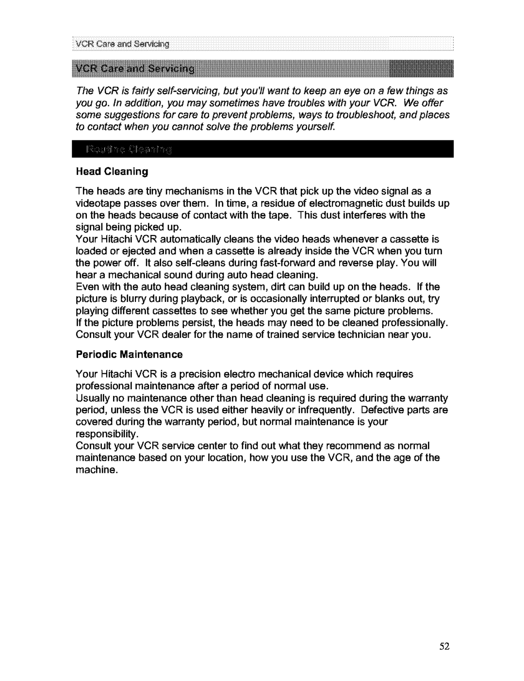 Hitachi VT-FX613A owner manual Head Cleaning, Periodic Maintenance 