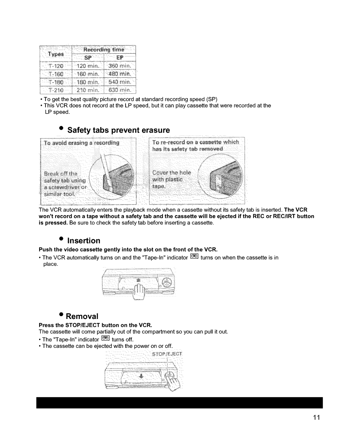 Hitachi VT-FX631A-VT-FX632A owner manual Safety tabs prevent erasure, Insertion, Removal 