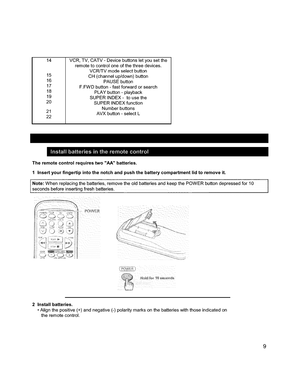 Hitachi VT-FX631A-VT-FX632A owner manual Install batteries 