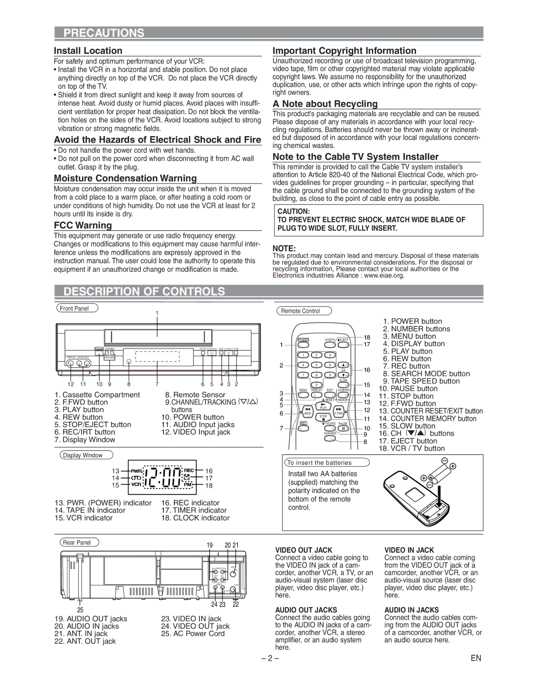 Hitachi VT-FX795A owner manual Precautions, Description of Controls 