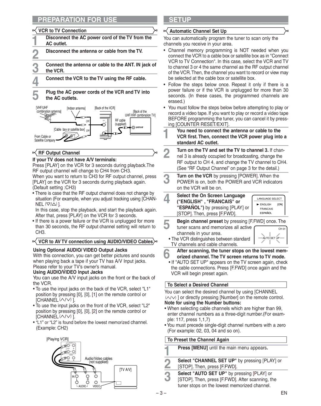 Hitachi VT-FX795A owner manual Preparation for USE Setup 