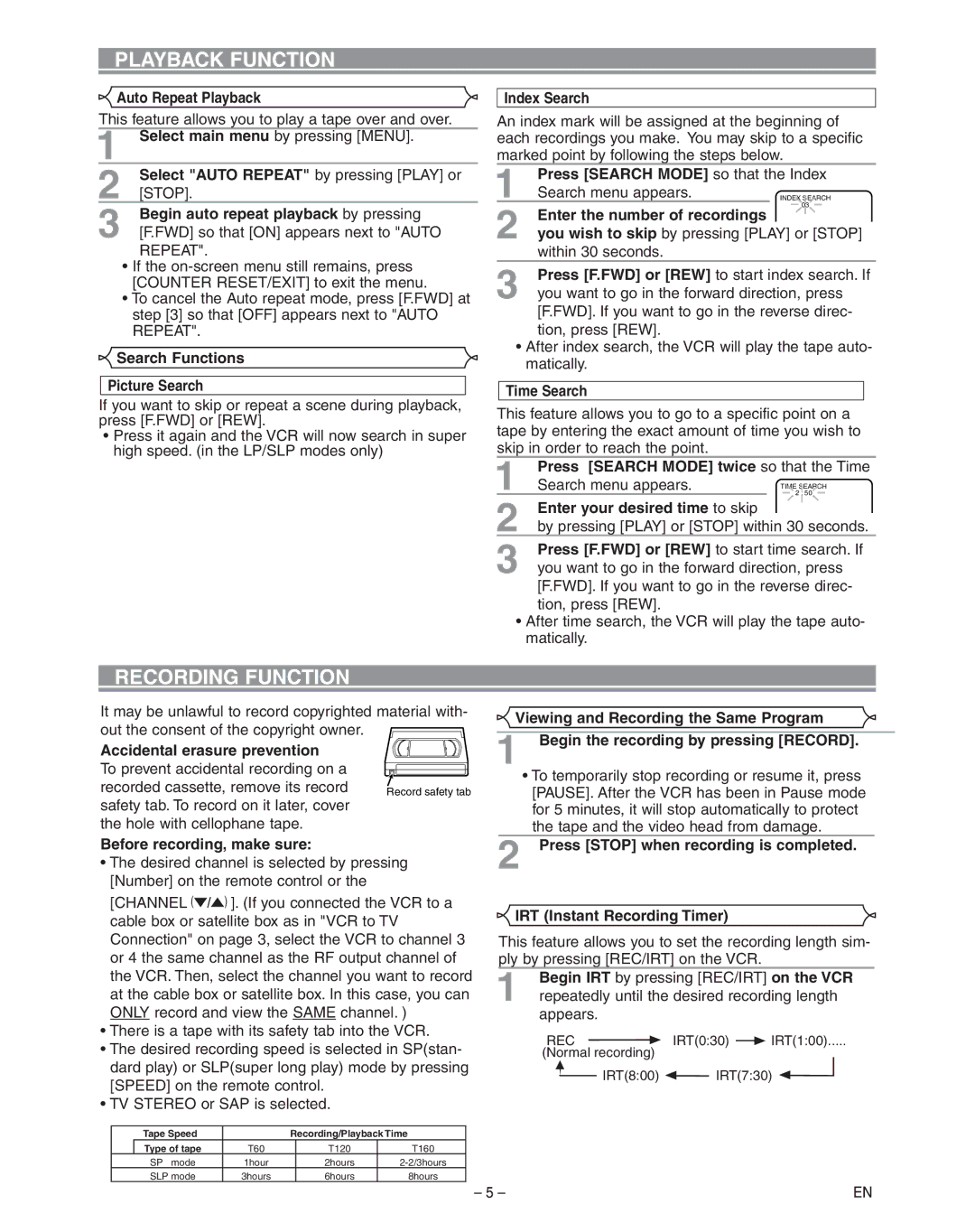 Hitachi VT-FX795A owner manual Recording Function 