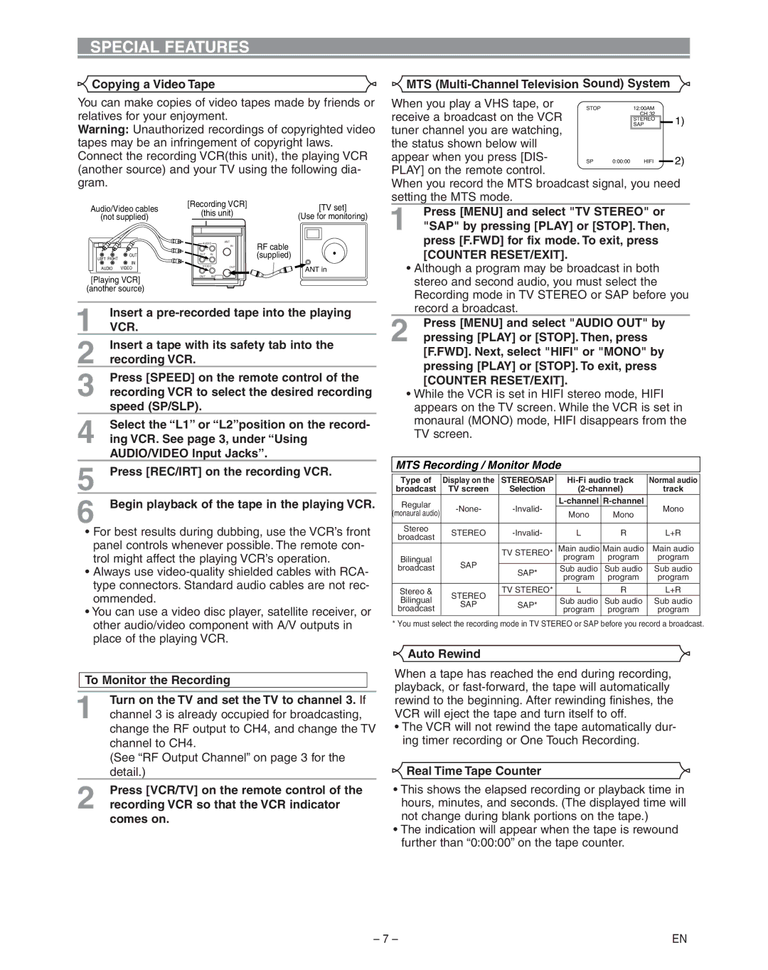 Hitachi VT-FX795A owner manual Special Features 