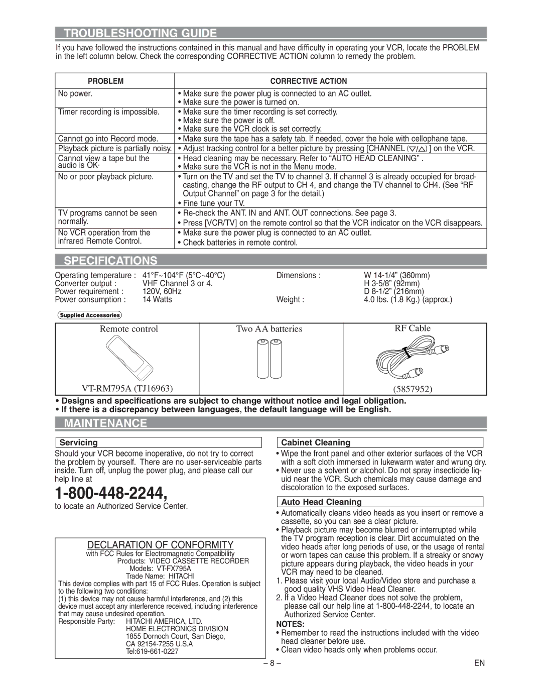 Hitachi VT-FX795A owner manual Troubleshooting Guide, Specifications, Maintenance 