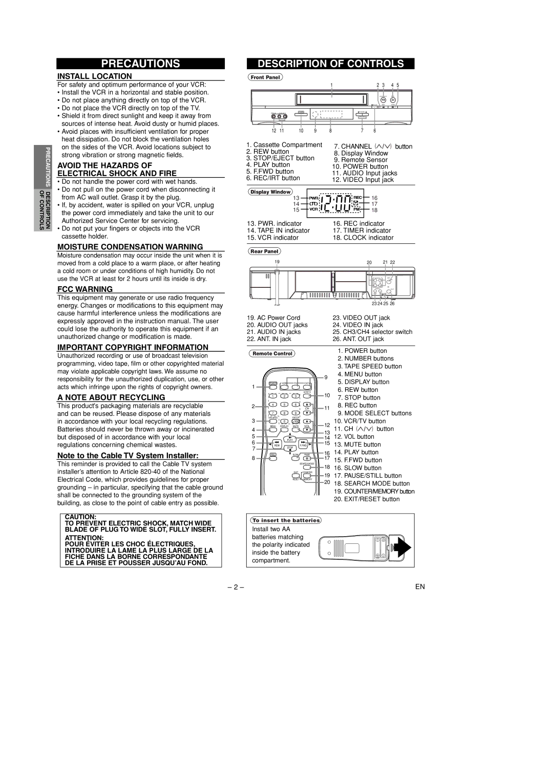 Hitachi VTFX695A owner manual Precautions, Channel, Front Panel, Rear Panel, To insert the batteries 