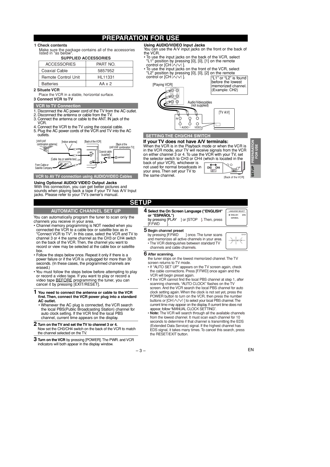 Hitachi VTFX695A owner manual Preparation for USE, Setup, If your TV does not have A/V terminals, Automatic Channel SET UP 