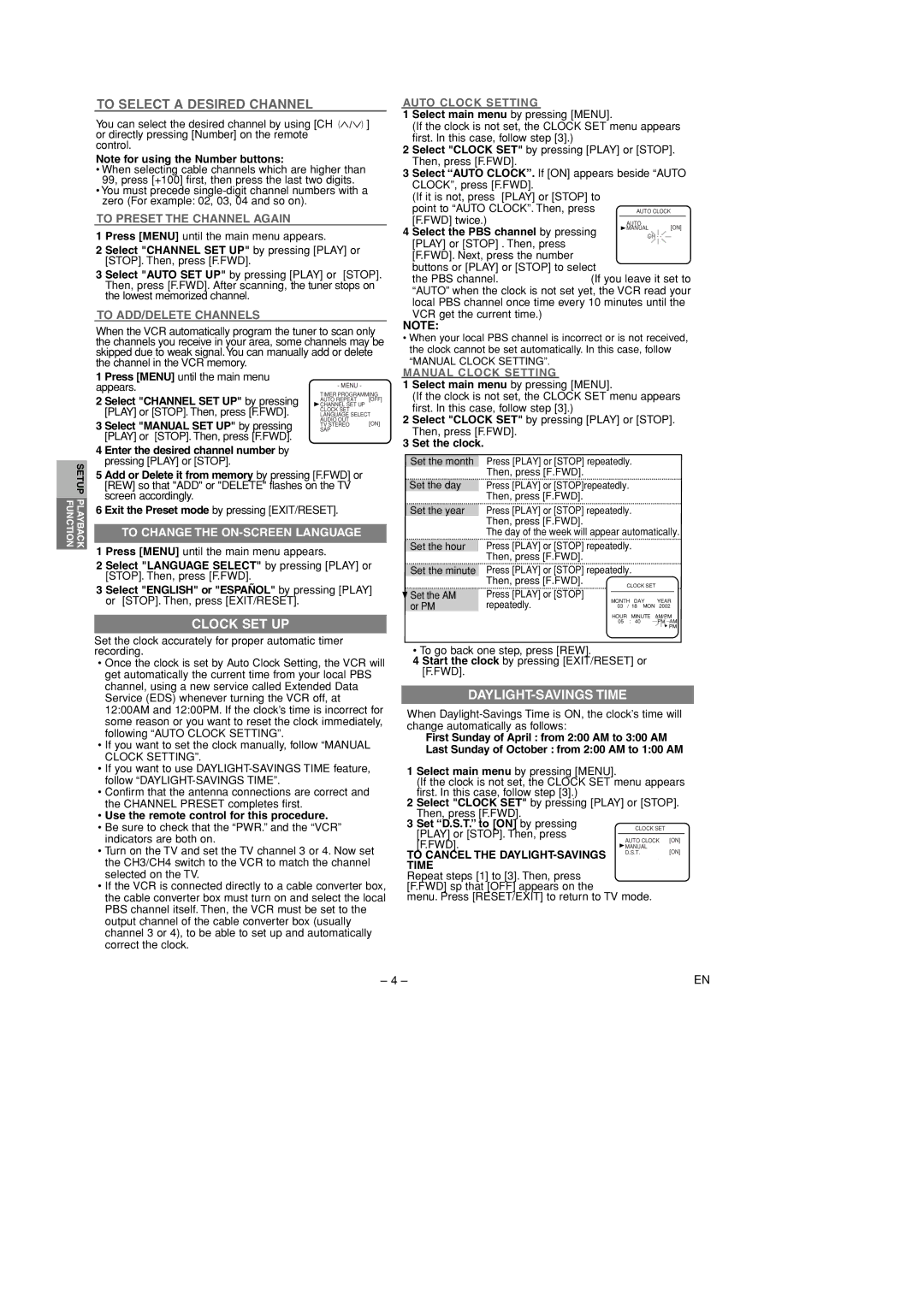 Hitachi VTFX695A owner manual Clock SET UP, DAYLIGHT-SAVINGS Time, Auto Clock Setting, Manual Clock Setting 